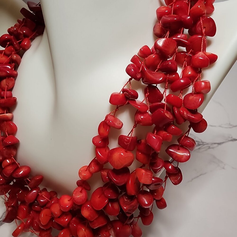 Multi-Strand Red Coral Chips Necklace - Picture 2 of 6